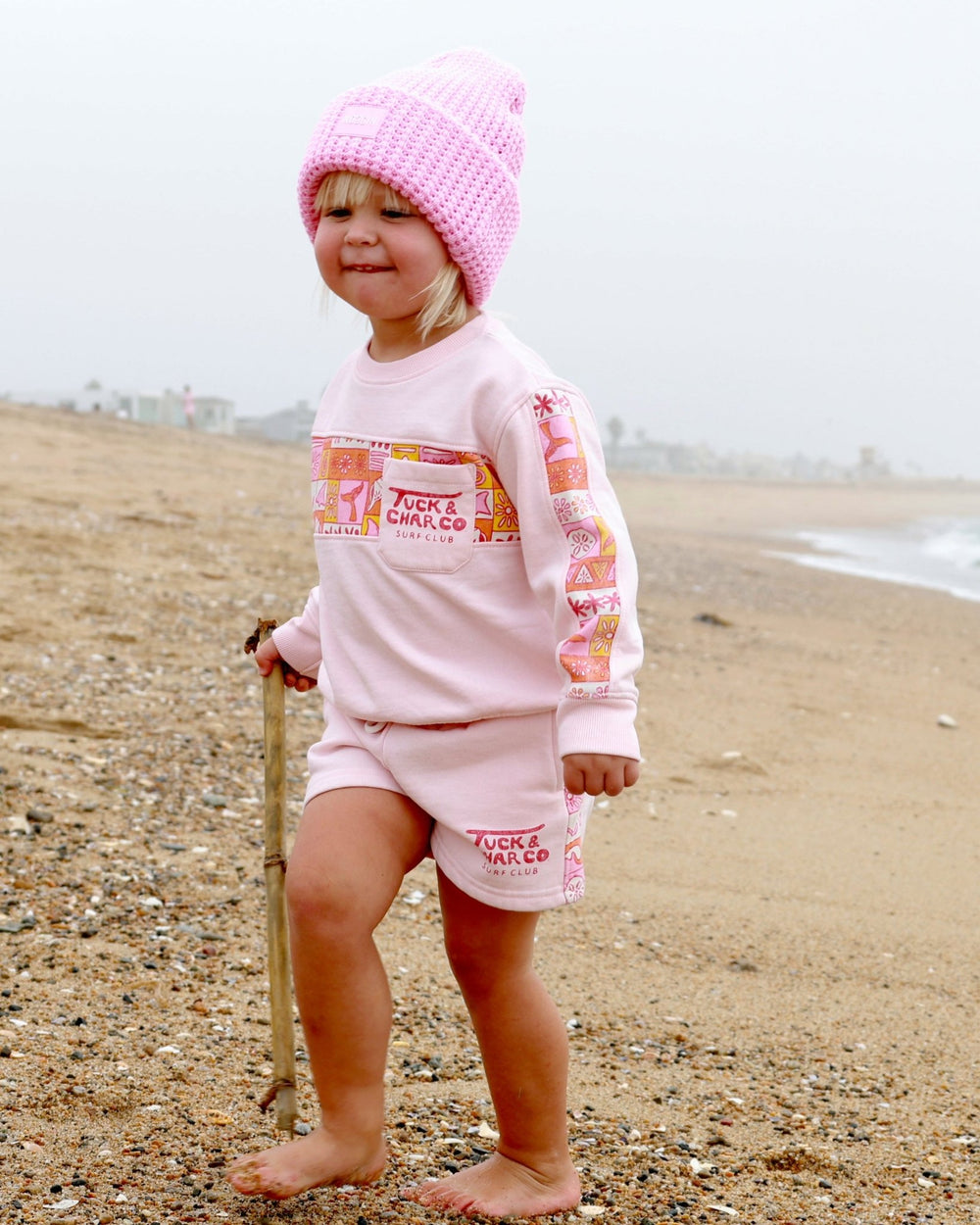 Girls Retro Coastal Surf Club Crewneck- Pink - Tuck & Char Co.