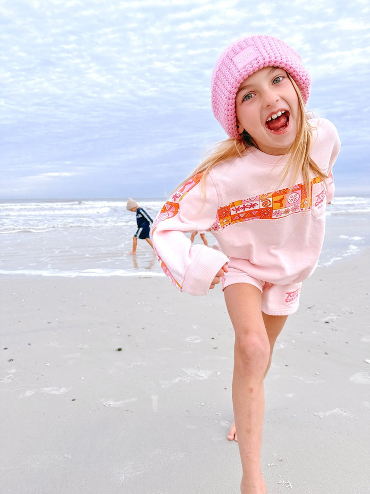 Girls Retro Coastal Surf Club Crewneck- Pink - Tuck &amp; Char Co.