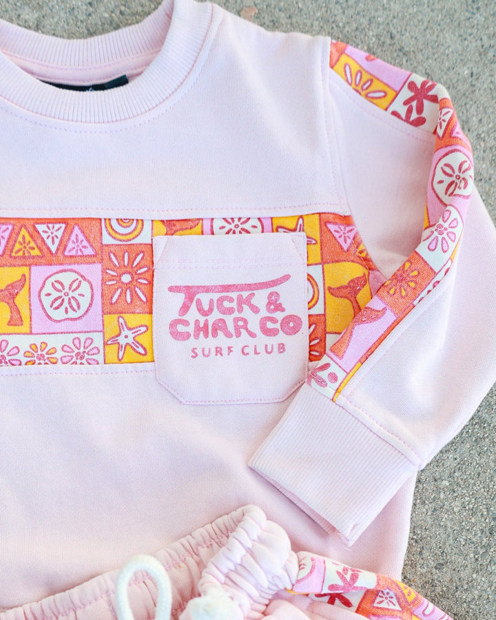 Girls Retro Coastal Surf Club Crewneck- Pink - Tuck &amp; Char Co.