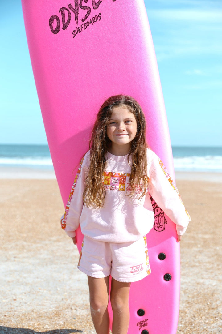 Girls Retro Coastal Surf Club Crewneck- Pink - Tuck &amp; Char Co.