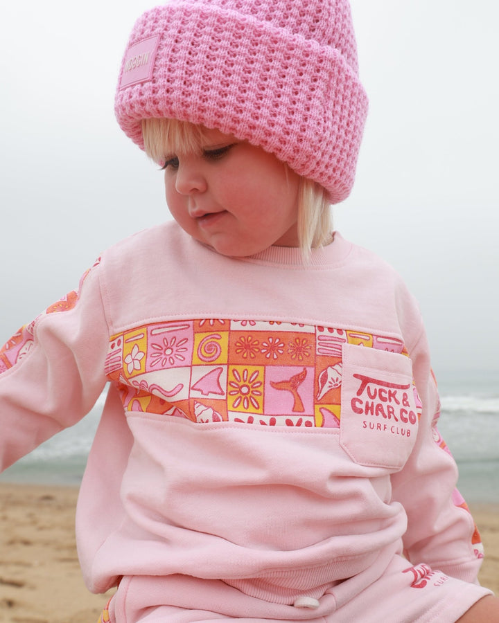 Girls Retro Coastal Surf Club Crewneck- Pink - Tuck &amp; Char Co.