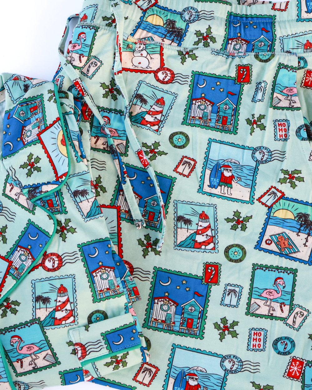 Green Coastal Postcards Adult Unisex Button-Down Pajama Set - Tuck & Char Co.