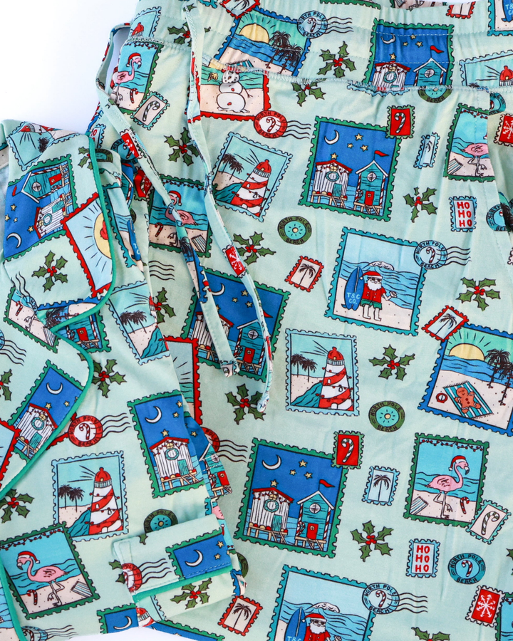 Green Coastal Postcards Adult Unisex Button-Down Pajama Set - Tuck &amp; Char Co.