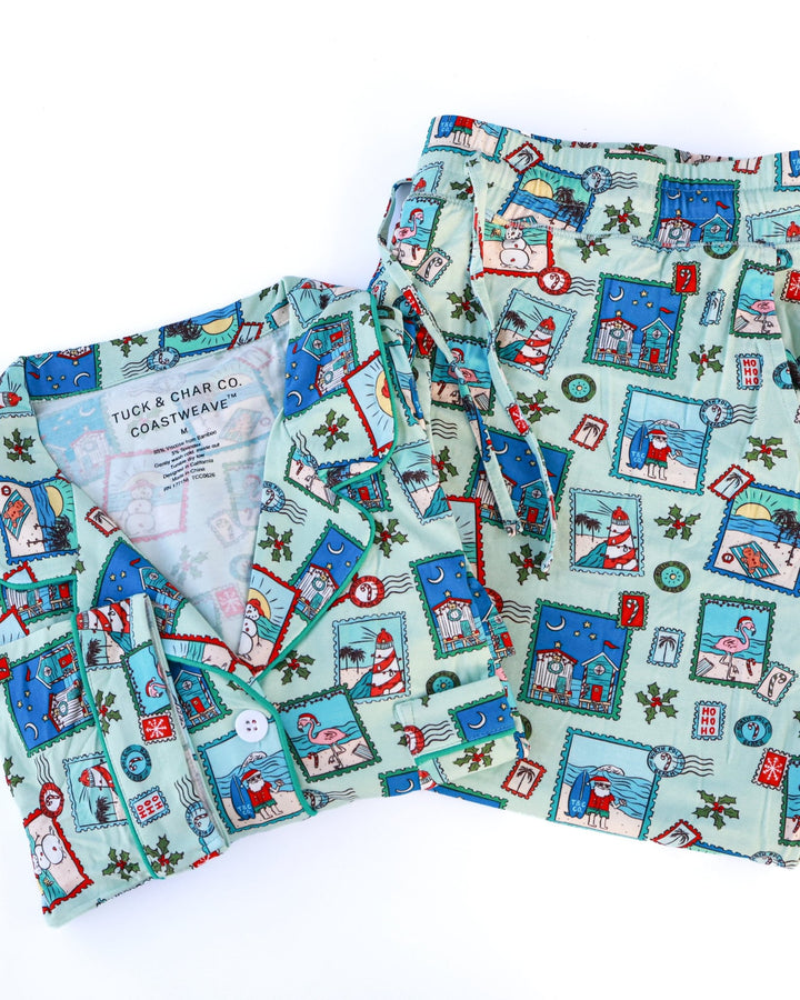 Green Coastal Postcards Adult Unisex Button-Down Pajama Set - Tuck &amp; Char Co.