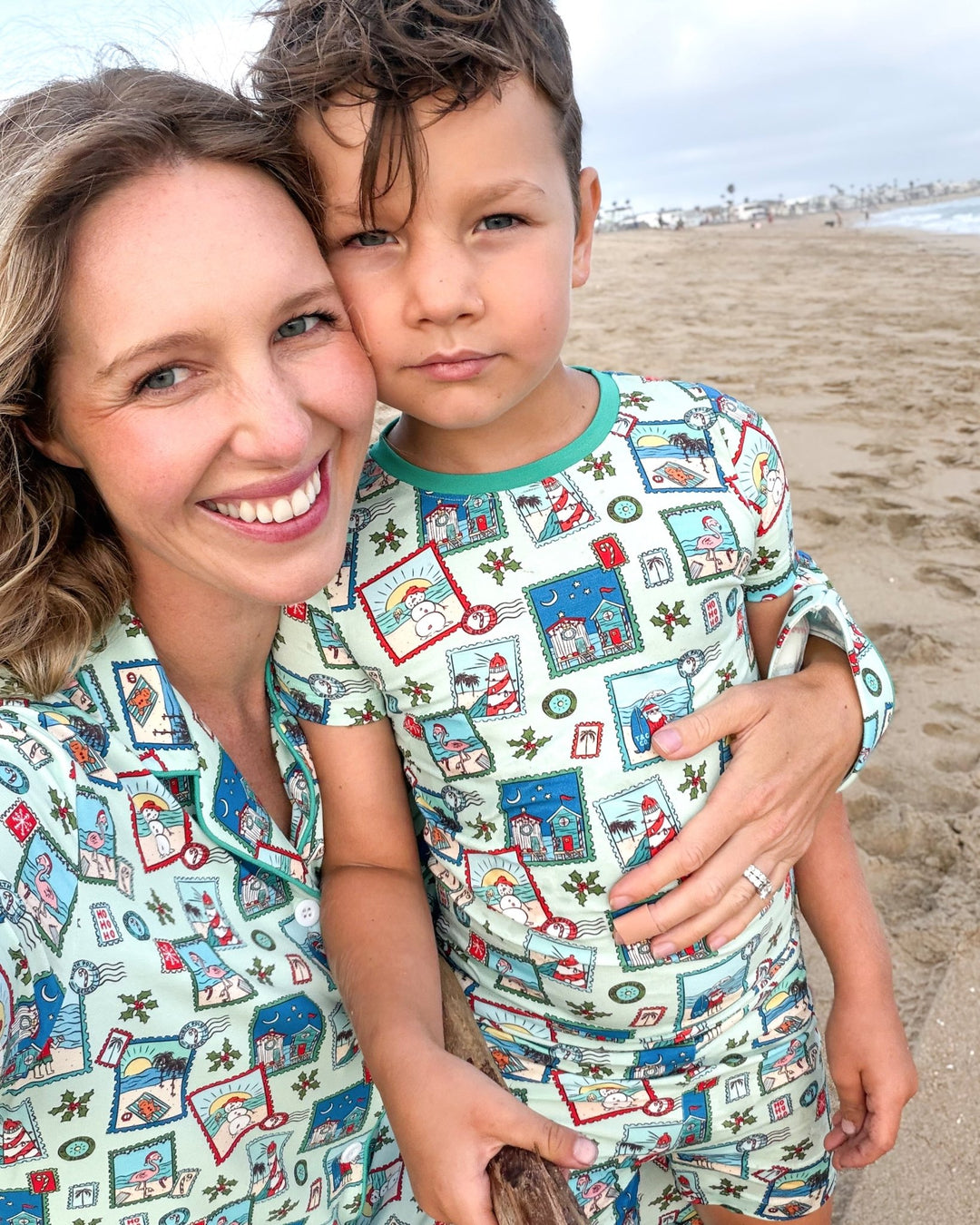 Green Coastal Postcards Adult Unisex Button-Down Pajama Set - Tuck &amp; Char Co.