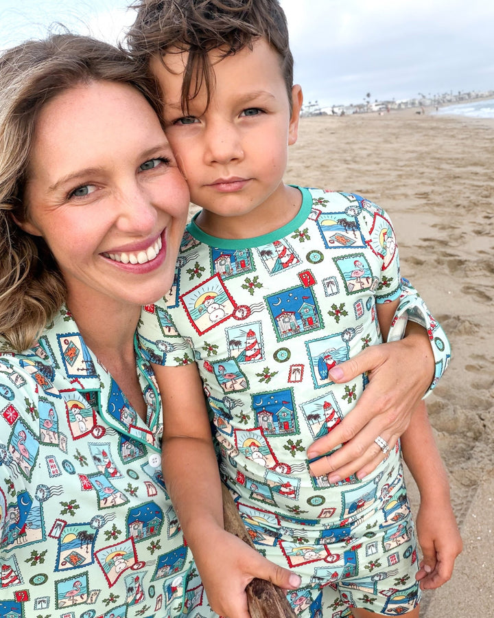 Green Coastal Postcards Adult Unisex Button-Down Pajama Set - Tuck &amp; Char Co.