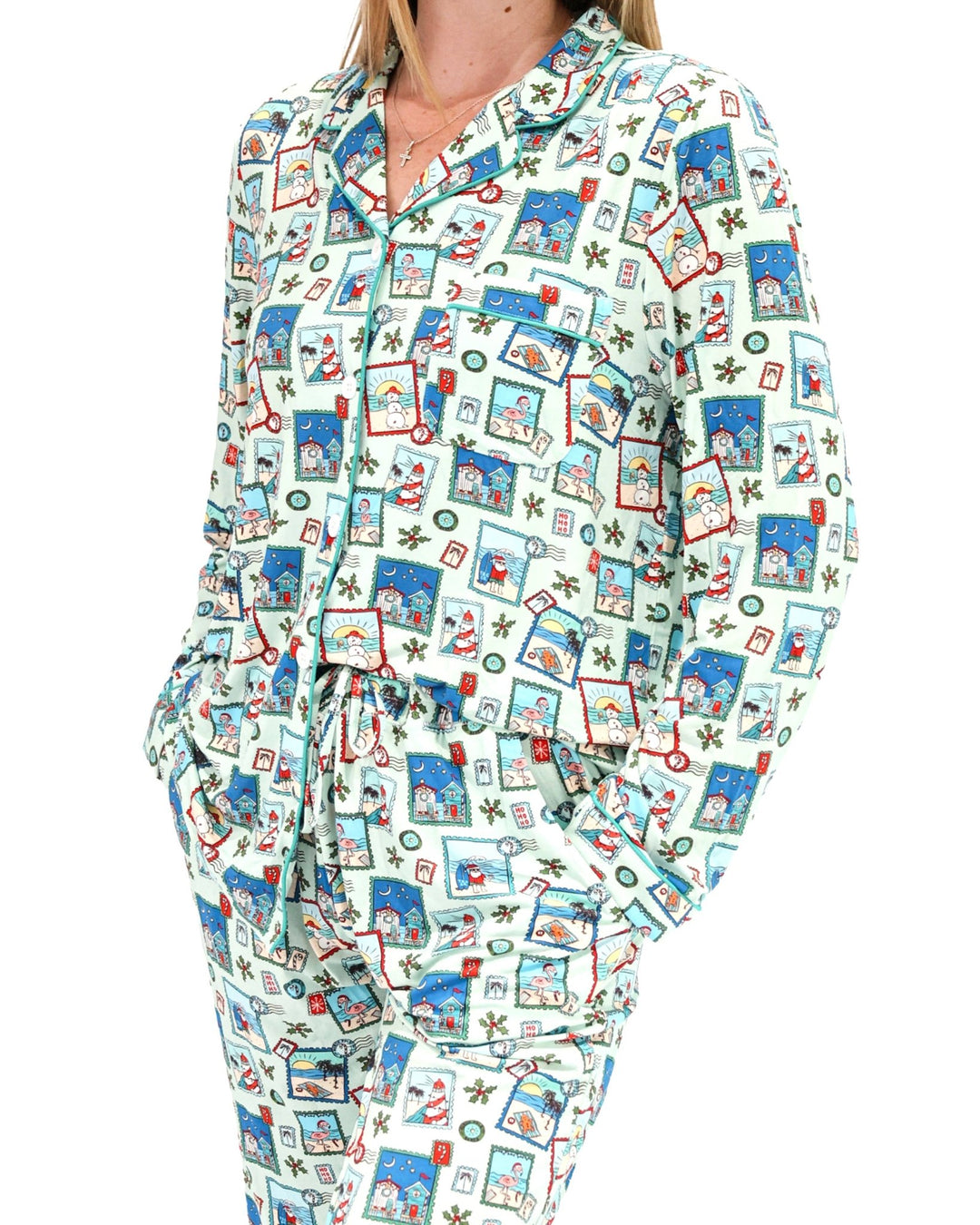Green Coastal Postcards Adult Unisex Button-Down Pajama Set - Tuck &amp; Char Co.