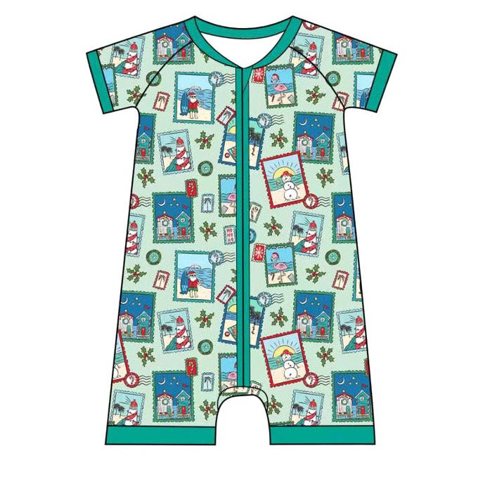 Green Coastal Postcards Baby Shortie Pajamas - Tuck & Char Co.