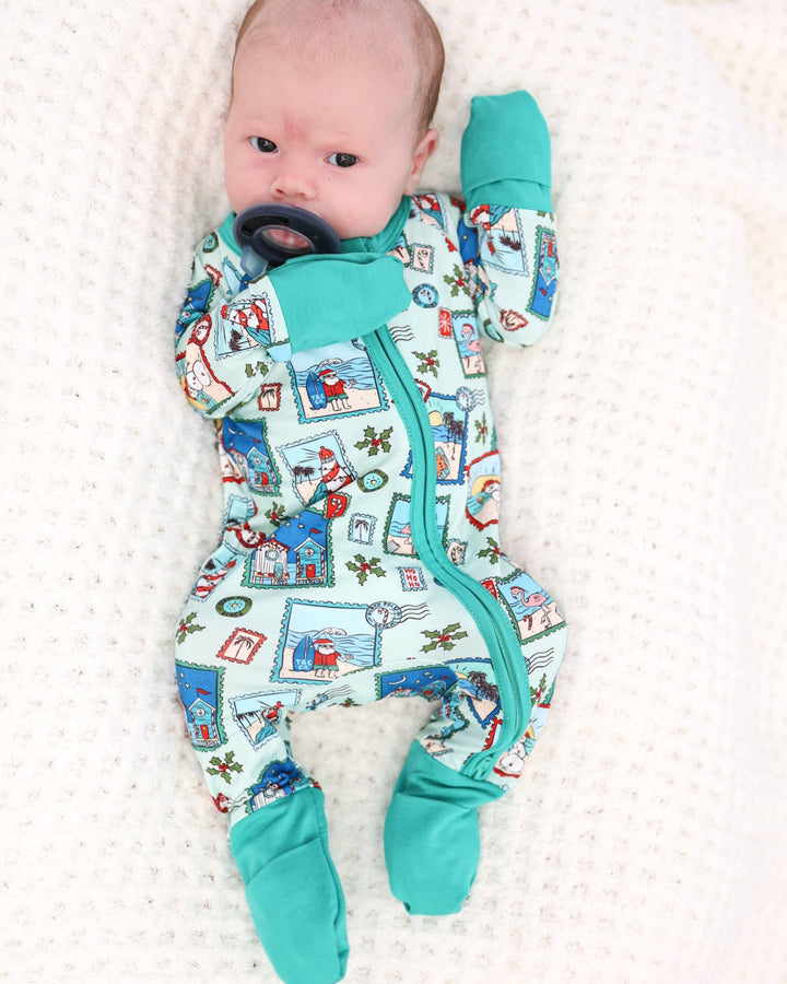 Green Coastal Postcards Baby Zippy Pajamas - Tuck &amp; Char Co.
