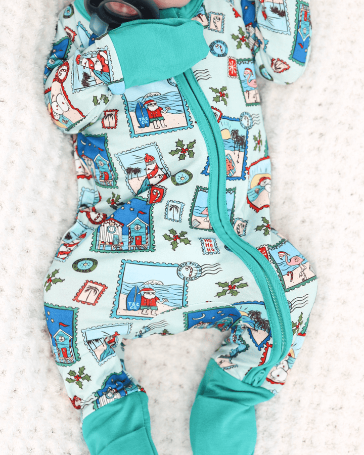 Green Coastal Postcards Baby Zippy Pajamas - Tuck &amp; Char Co.