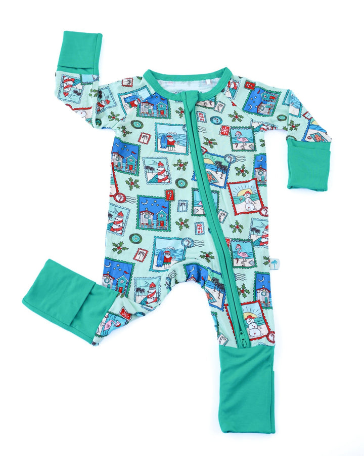 Green Coastal Postcards Baby Zippy Pajamas - Tuck &amp; Char Co.