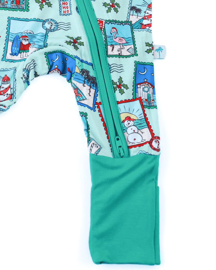 Green Coastal Postcards Baby Zippy Pajamas - Tuck &amp; Char Co.