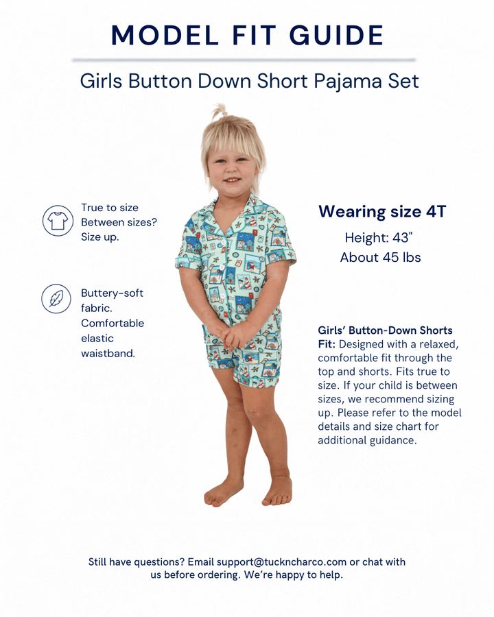 Green Coastal Postcards Girls Button Down Short Pajama Set - Tuck &amp; Char Co.