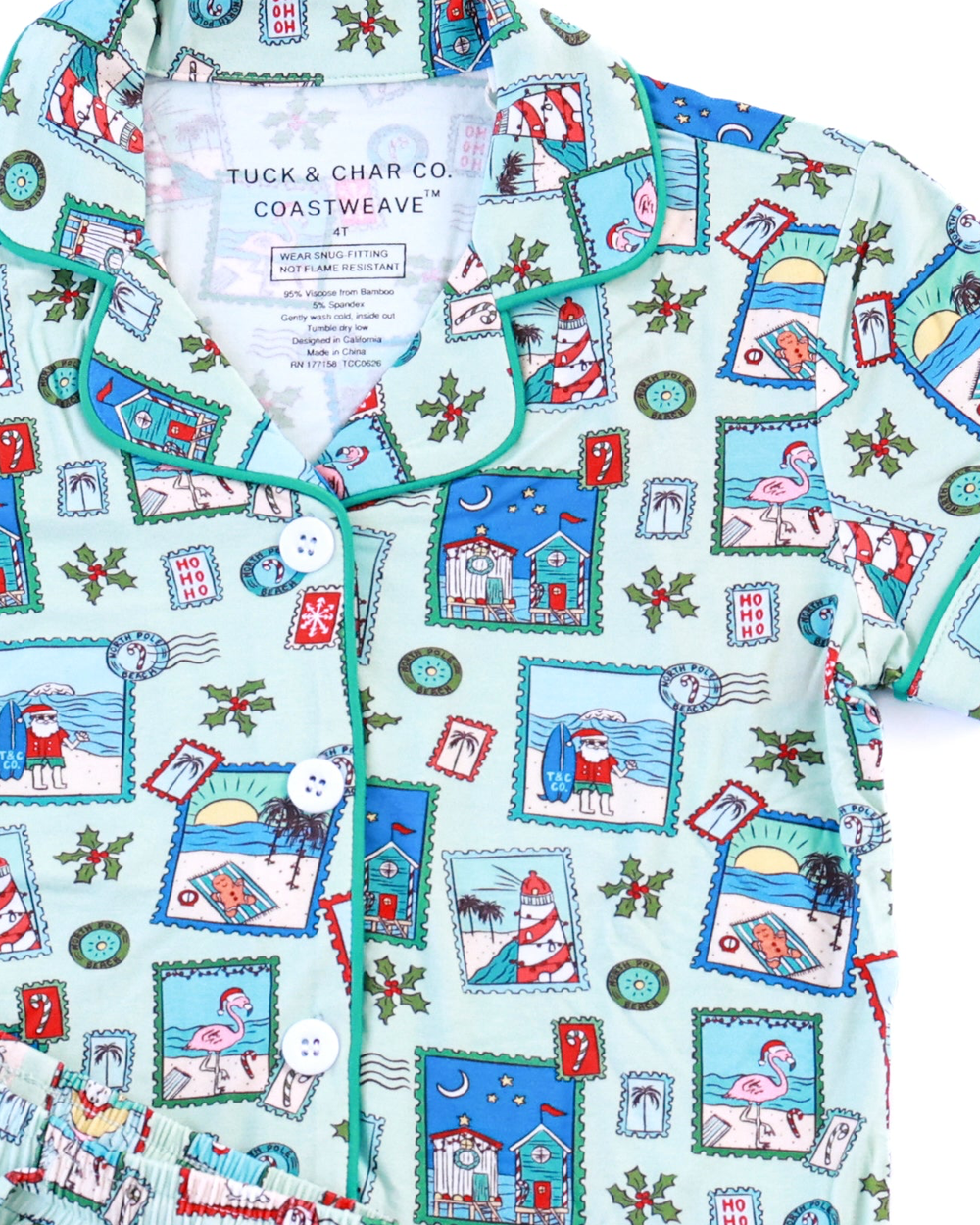 Green Coastal Postcards Girls Button Down Short Pajama Set - Tuck & Char Co.