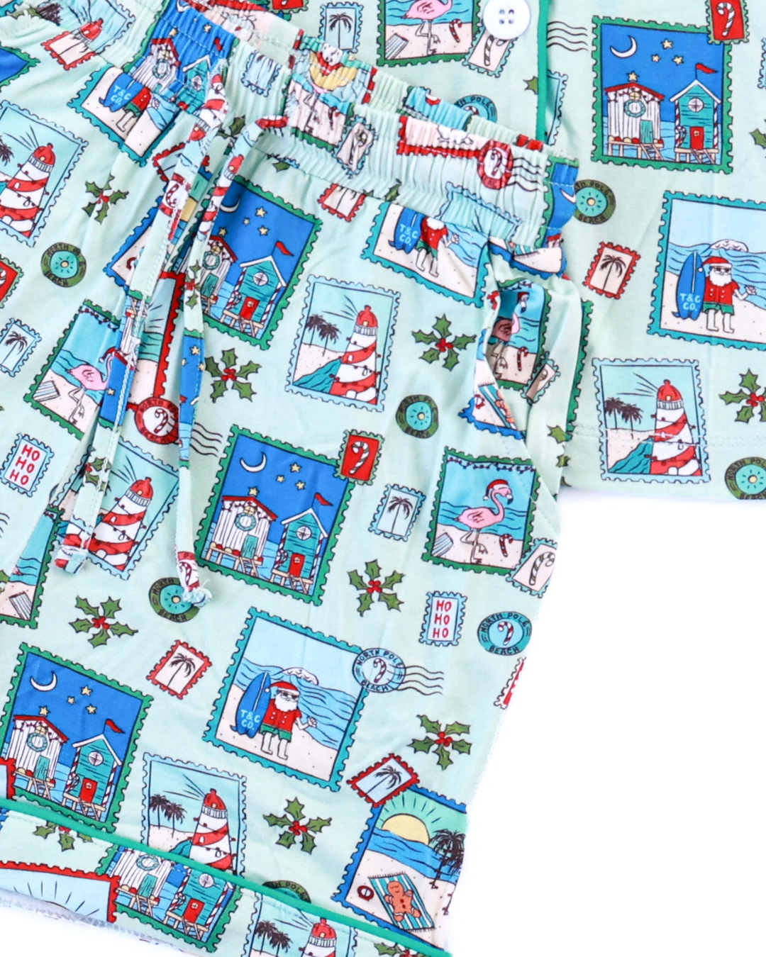 Green Coastal Postcards Girls Button Down Short Pajama Set - Tuck &amp; Char Co.