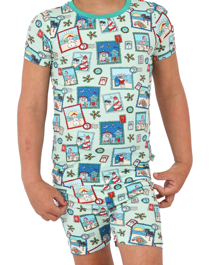 Green Coastal Postcards Kids Short Pajama Set - Tuck &amp; Char Co.