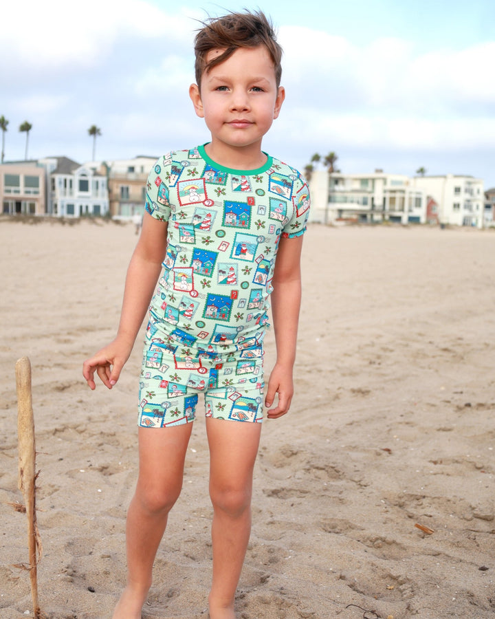 Green Coastal Postcards Kids Short Pajama Set - Tuck &amp; Char Co.