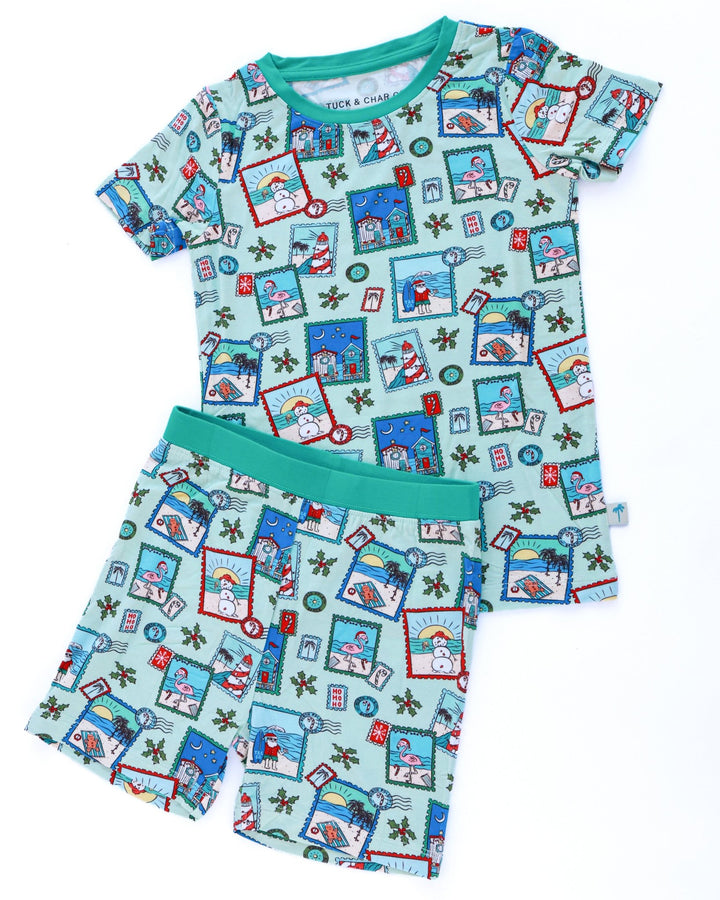 Green Coastal Postcards Kids Short Pajama Set - Tuck &amp; Char Co.