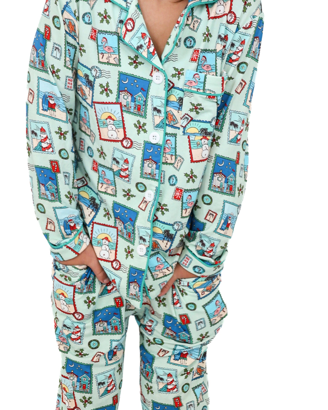 Green Coastal Postcards Kids Unisex Button Down Pajama Set - Tuck &amp; Char Co.