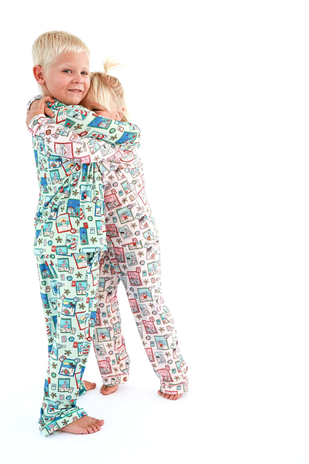 Green Coastal Postcards Kids Unisex Button Down Pajama Set - Tuck &amp; Char Co.