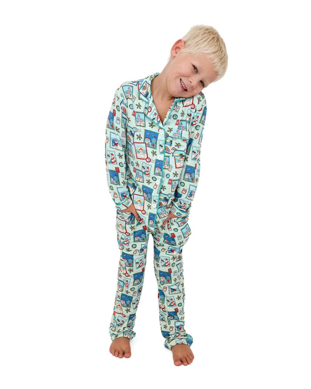 Green Coastal Postcards Kids Unisex Button Down Pajama Set - Tuck & Char Co.
