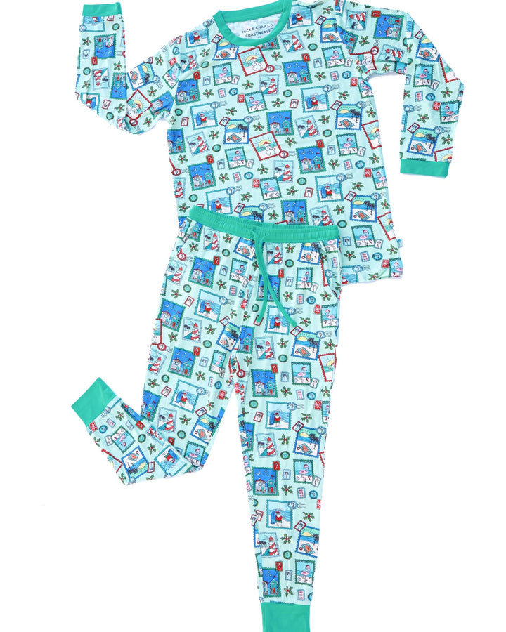 Green Coastal Postcards Kids Unisex Jogger Pajama Set - Tuck &amp; Char Co.
