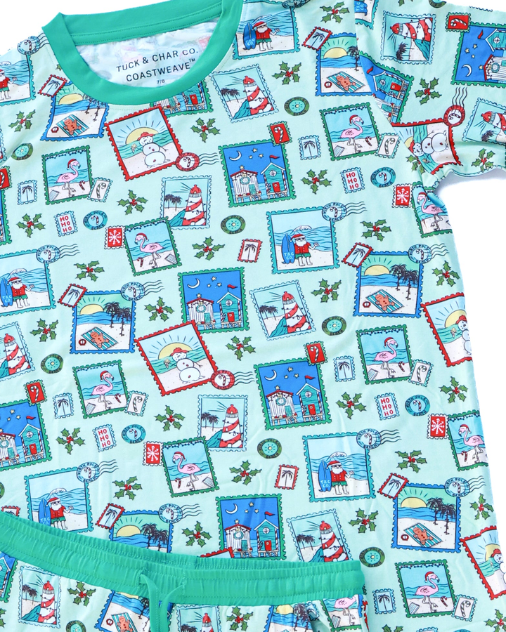 Green Coastal Postcards Kids Unisex Jogger Pajama Set - Tuck &amp; Char Co.