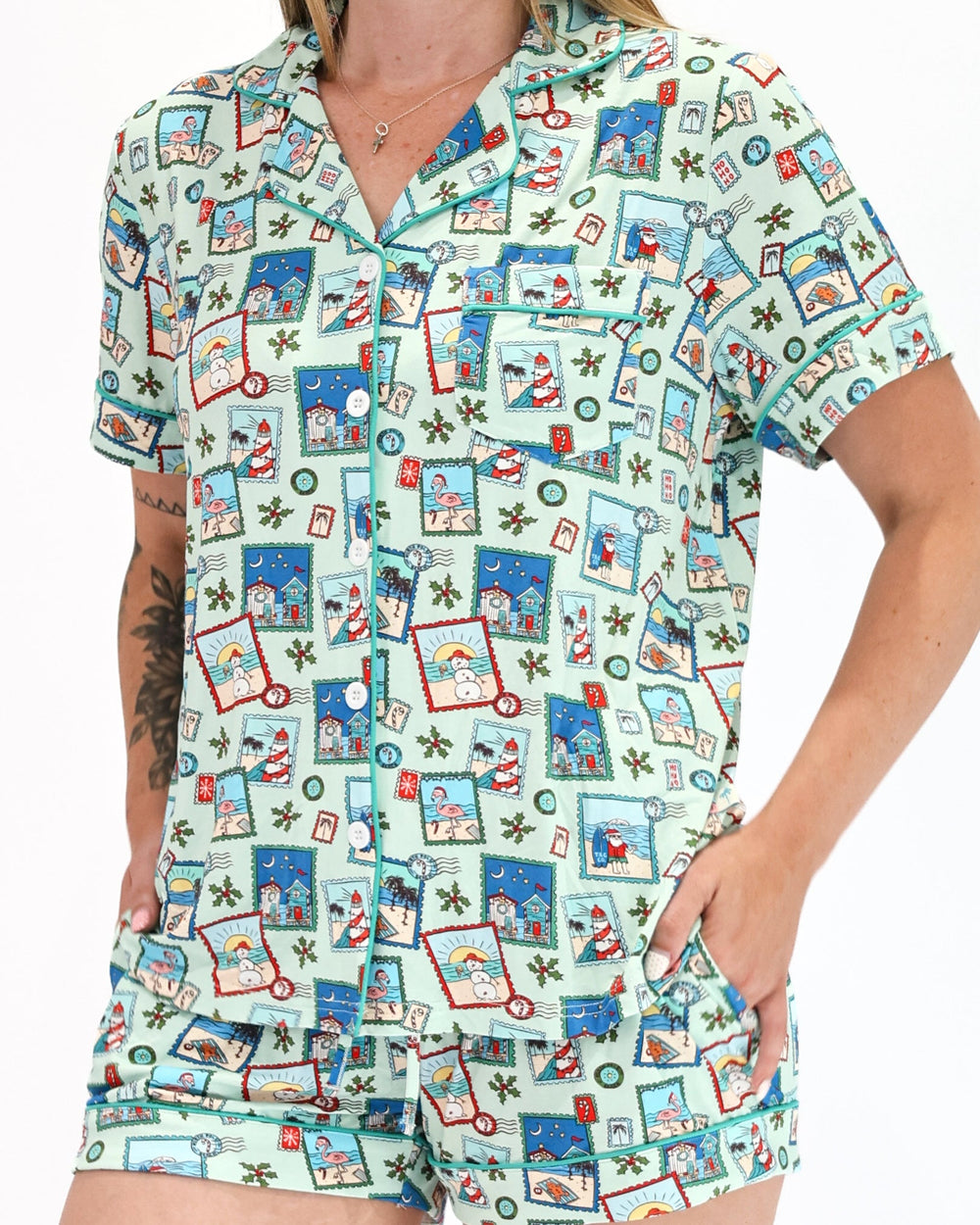 Green Coastal Postcards Women's Button-Up Short Pajama Set - Tuck & Char Co.