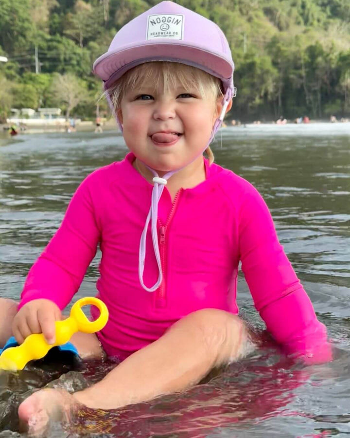 Hi-Viz Neon Pink Girls One Piece Long Sleeve Swimsuit - Tuck &amp; Char Co.