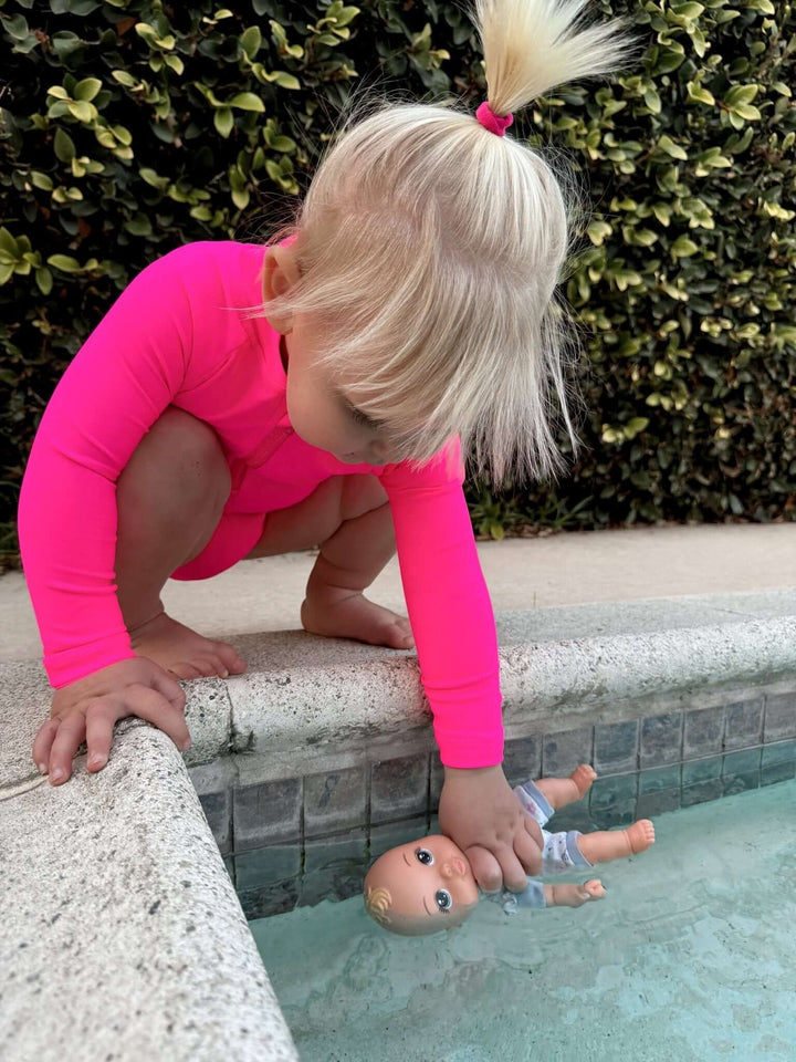 Hi-Viz Neon Pink Girls One Piece Long Sleeve Swimsuit - Tuck &amp; Char Co.