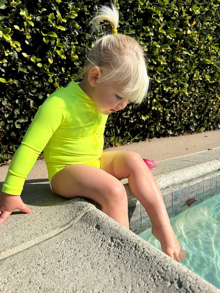 Hi-Viz Neon Yellow Girls One Piece Long Sleeve Swimsuit - Tuck &amp; Char Co.