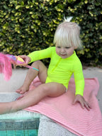 Hi-Viz Neon Yellow Girls One Piece Long Sleeve Swimsuit