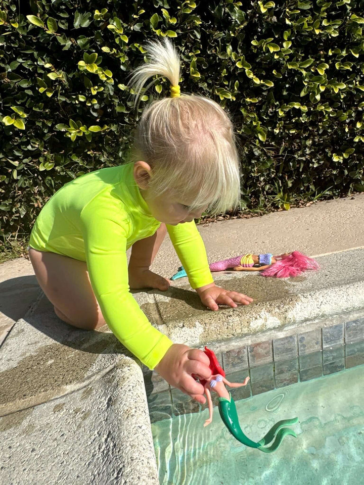 Hi-Viz Neon Yellow Girls One Piece Long Sleeve Swimsuit - Tuck &amp; Char Co.
