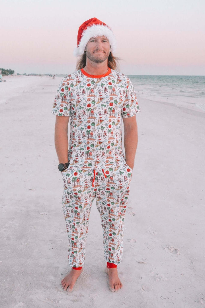 Jolly Waves Bamboo Mens Pajama Set - Joggers + Short Sleeve Top - Tuck &amp; Char Co.