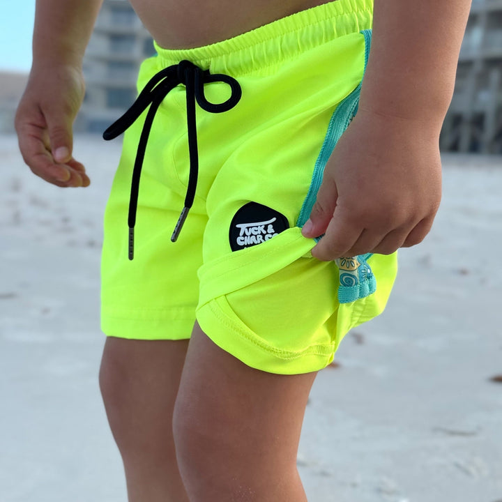Neon Yellow Boys Hybrid Boardshorts – Retro Coastal - Tuck &amp; Char Co.