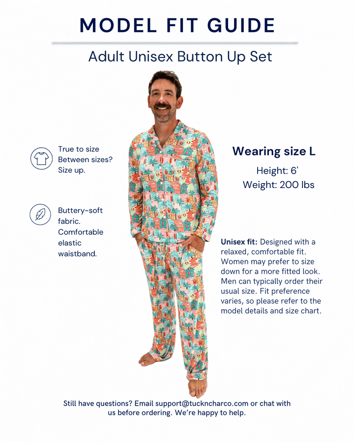 Pink Beach Huts Adult Unisex Button-Down Pajama Set - Tuck &amp; Char Co.