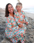 Pink Beach Huts Adult Unisex Button-Down Pajama Set