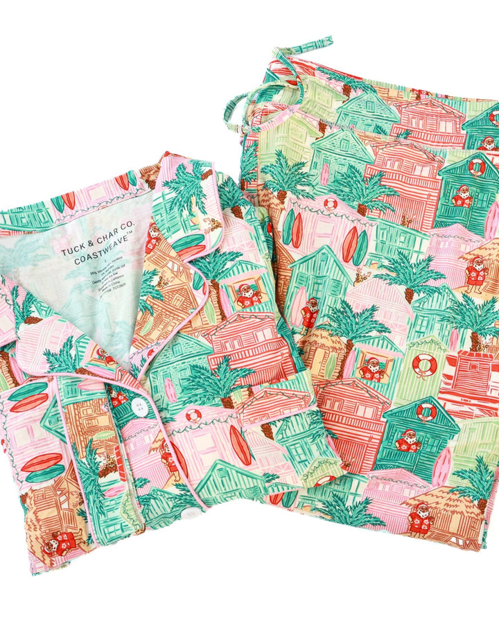 Pink Beach Huts Adult Unisex Button-Down Pajama Set - Tuck &amp; Char Co.