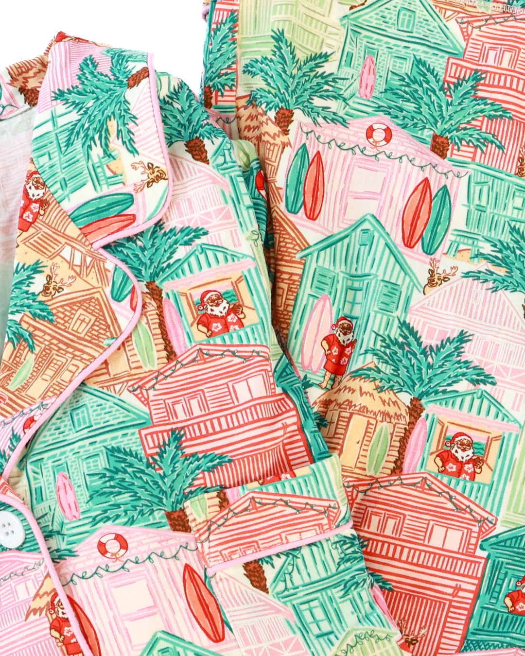 Pink Beach Huts Adult Unisex Button-Down Pajama Set - Tuck &amp; Char Co.