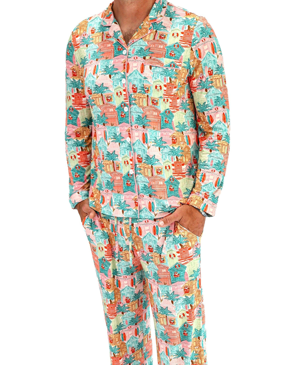 Pink Beach Huts Adult Unisex Button-Down Pajama Set - Tuck & Char Co.