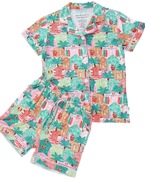 Pink Beach Huts Girls Button Down Short Pajama Set - Tuck & Char Co.