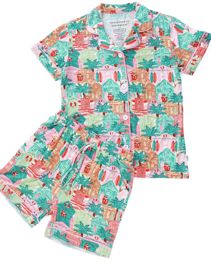 Pink Beach Huts Girls Button Down Short Pajama Set - Tuck &amp; Char Co.