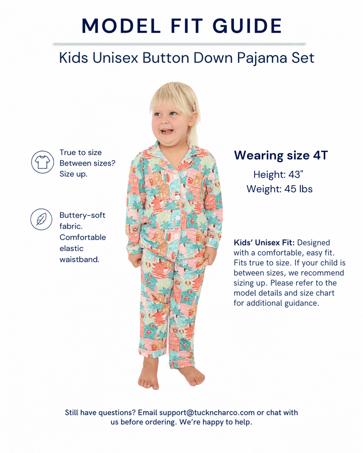 Pink Beach Huts Kids Unisex Button Down Pajama Set - Tuck &amp; Char Co.