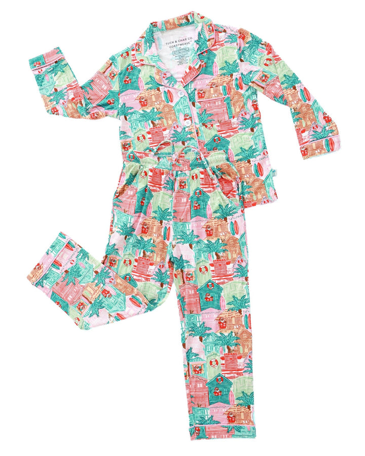Pink Beach Huts Kids Unisex Button Down Pajama Set - Tuck &amp; Char Co.