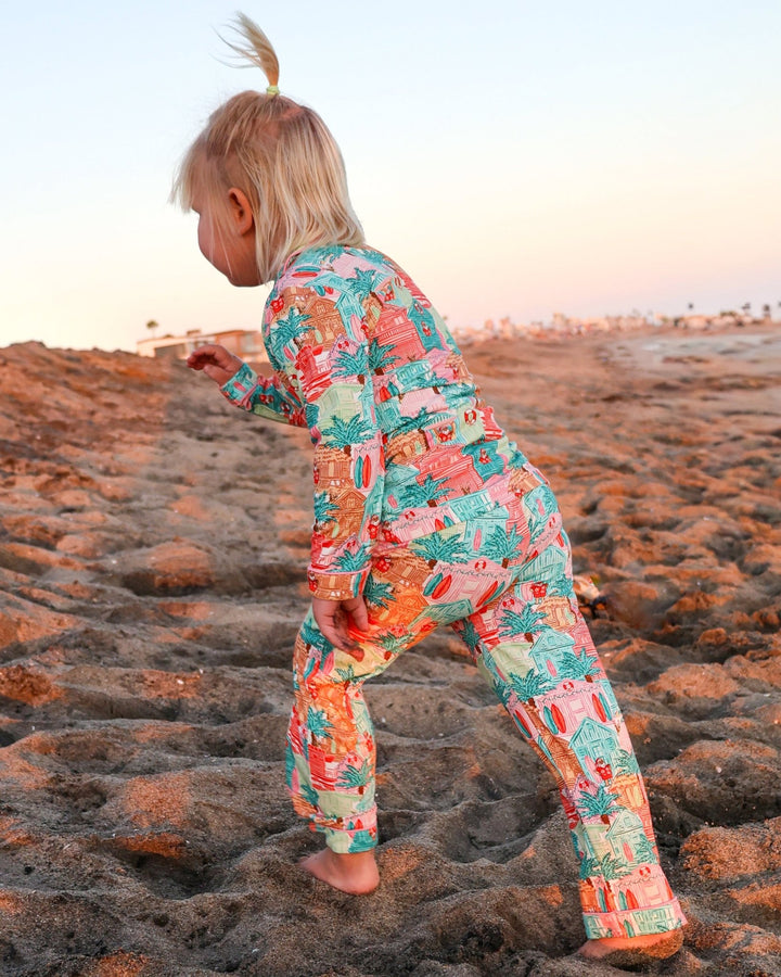 Pink Beach Huts Kids Unisex Button Down Pajama Set - Tuck &amp; Char Co.