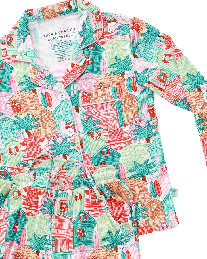 Pink Beach Huts Kids Unisex Button Down Pajama Set - Tuck &amp; Char Co.