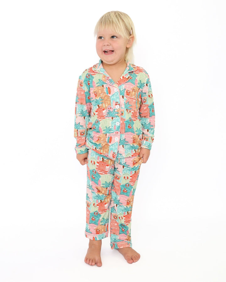 Pink Beach Huts Kids Unisex Button Down Pajama Set - Tuck &amp; Char Co.