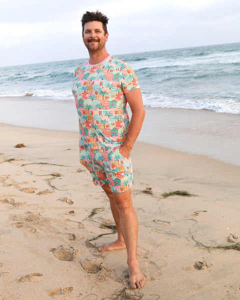 Pink Beach Huts Men's Short Pajama Set - Tuck & Char Co.