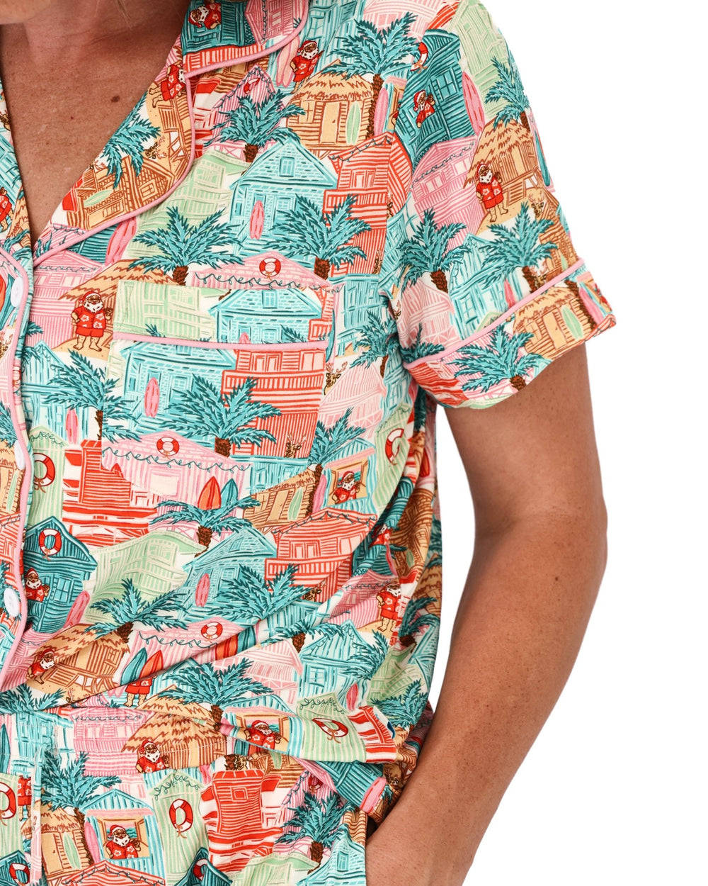 Pink Beach Huts Women's Button-Up Short Pajama Set - Tuck & Char Co.