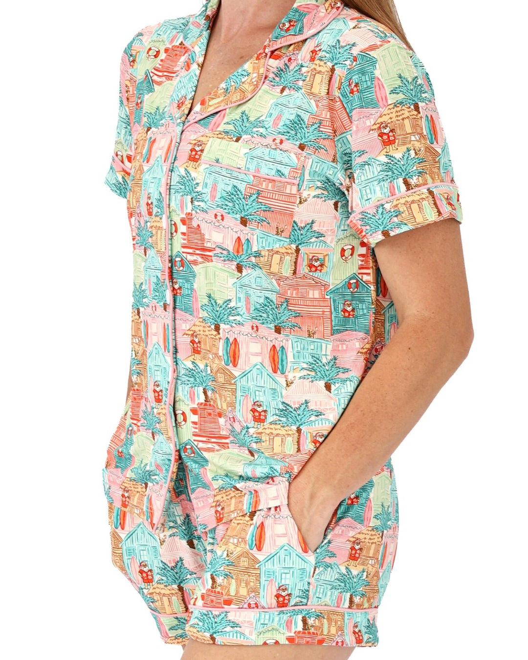 Pink Beach Huts Women's Button-Up Short Pajama Set - Tuck & Char Co.